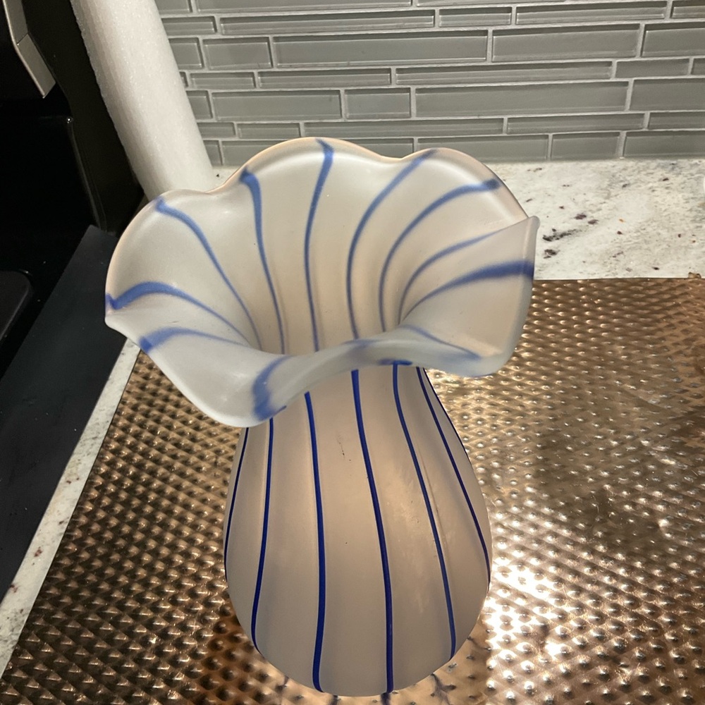 Chic Frosted Vase with Blue Accents - Picture 2 of 3
